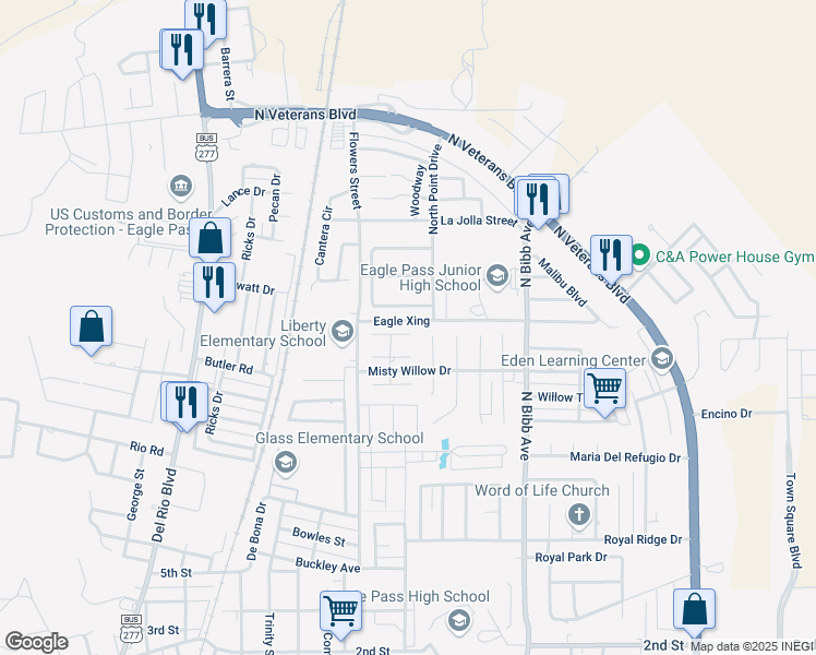 map of restaurants, bars, coffee shops, grocery stores, and more near 1959 Misty Hollow Drive in Eagle Pass