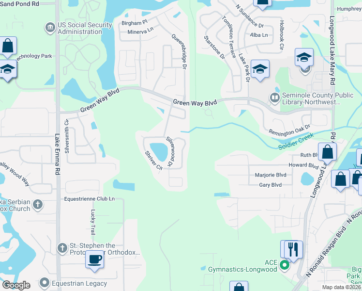 map of restaurants, bars, coffee shops, grocery stores, and more near 761 Silverwood Drive in Lake Mary