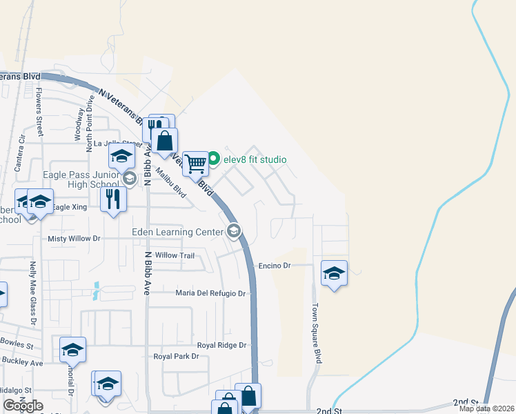 map of restaurants, bars, coffee shops, grocery stores, and more near 2694 Oak Manor Drive in Eagle Pass