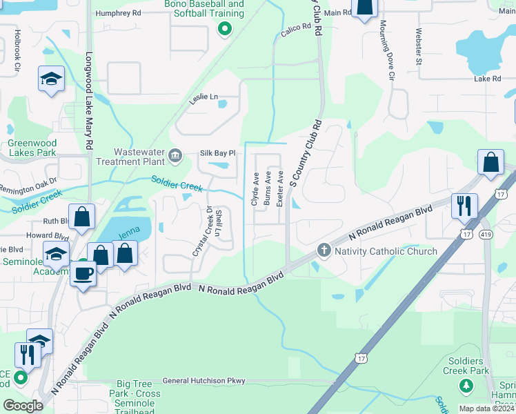 map of restaurants, bars, coffee shops, grocery stores, and more near 111 Clyde Avenue in Longwood