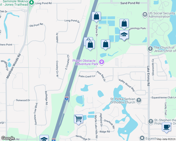 map of restaurants, bars, coffee shops, grocery stores, and more near 1764 Pine Bay Drive in Lake Mary