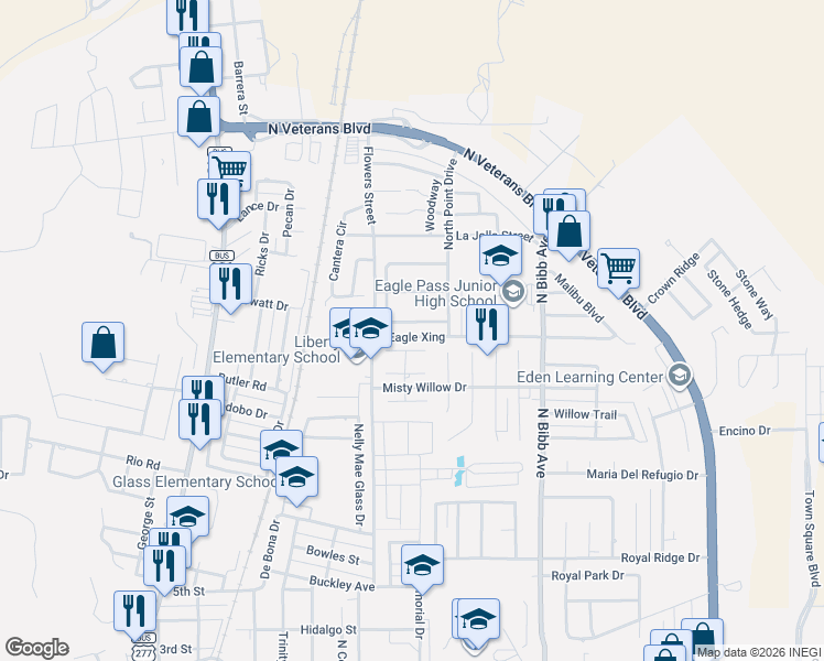 map of restaurants, bars, coffee shops, grocery stores, and more near 1959 Misty Hollow Drive in Eagle Pass