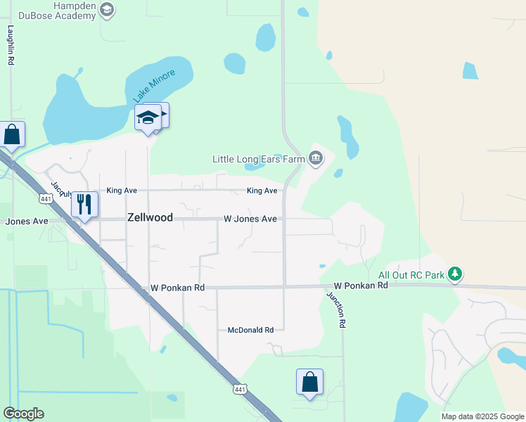 map of restaurants, bars, coffee shops, grocery stores, and more near 5038 West Jones Avenue in Zellwood