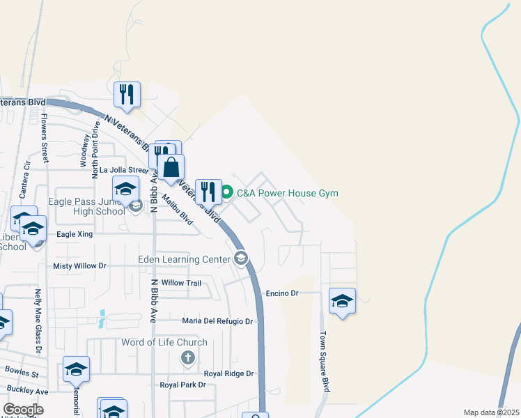 map of restaurants, bars, coffee shops, grocery stores, and more near 2715 Stone Hedge in Eagle Pass
