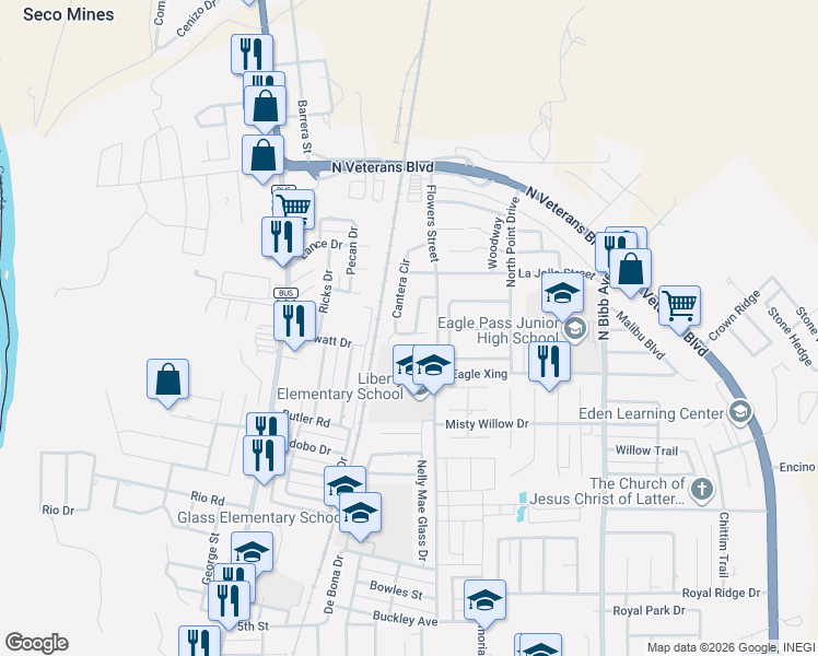 map of restaurants, bars, coffee shops, grocery stores, and more near 2164 Stone Street in Eagle Pass