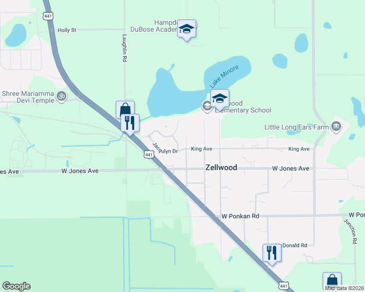 map of restaurants, bars, coffee shops, grocery stores, and more near 5701 Jacqulyn Drive in Zellwood
