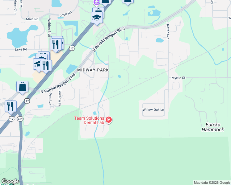 map of restaurants, bars, coffee shops, grocery stores, and more near 2815 South Lane in Sanford