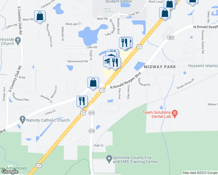 map of restaurants, bars, coffee shops, grocery stores, and more near 3959 North Ronald Reagan Boulevard in Sanford