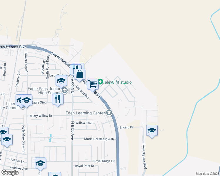 map of restaurants, bars, coffee shops, grocery stores, and more near 2681 Crown Way in Eagle Pass