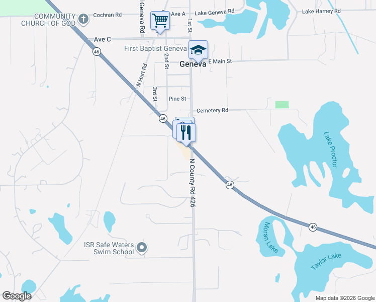 map of restaurants, bars, coffee shops, grocery stores, and more near Florida 46 in Geneva
