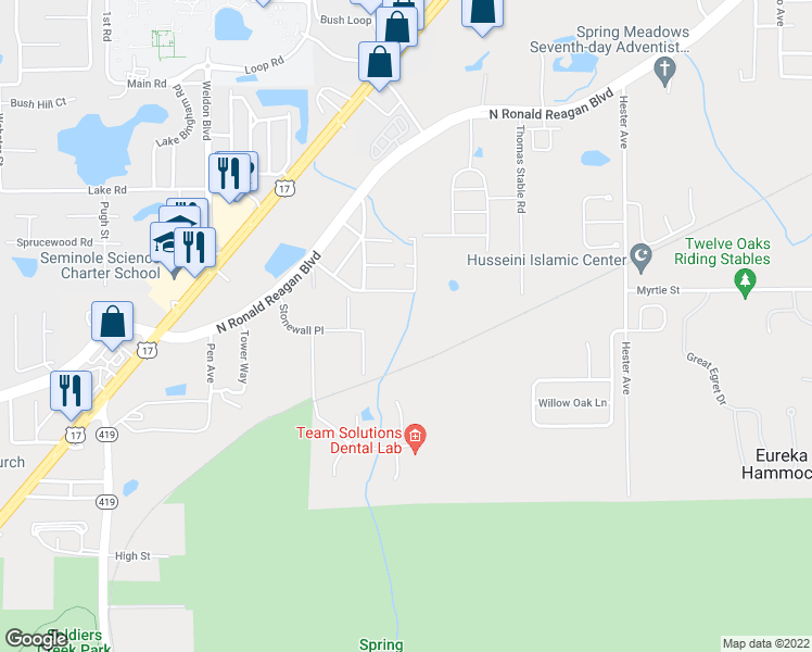map of restaurants, bars, coffee shops, grocery stores, and more near 2815 South Lane in Sanford
