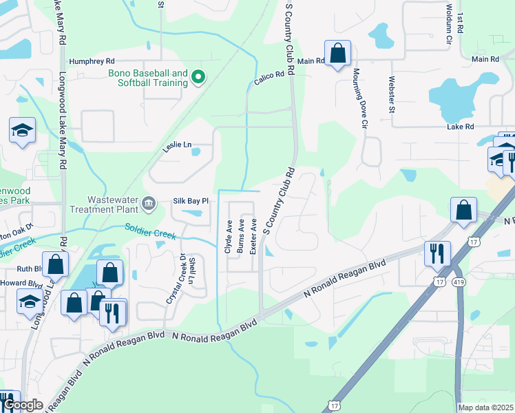 map of restaurants, bars, coffee shops, grocery stores, and more near 175 Exeter Avenue in Longwood