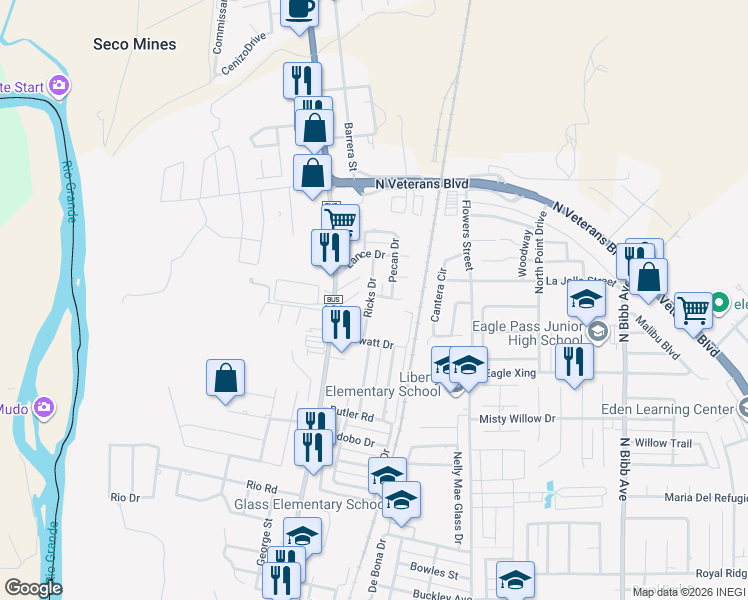 map of restaurants, bars, coffee shops, grocery stores, and more near 1202 B Alonzo Circle in Eagle Pass