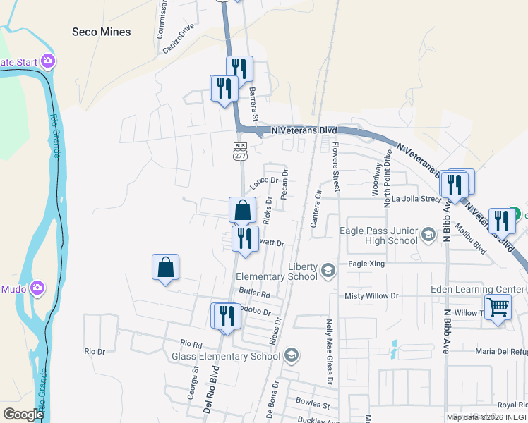 map of restaurants, bars, coffee shops, grocery stores, and more near 1202 B Alonzo Circle in Eagle Pass