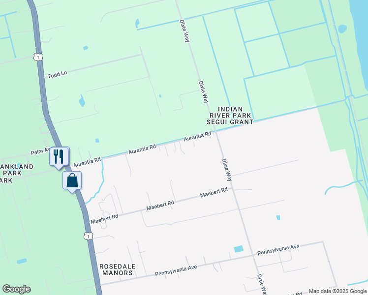 map of restaurants, bars, coffee shops, grocery stores, and more near 3425 Aurantia Road in Mims
