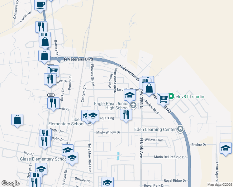 map of restaurants, bars, coffee shops, grocery stores, and more near 1784 North Point Drive in Eagle Pass