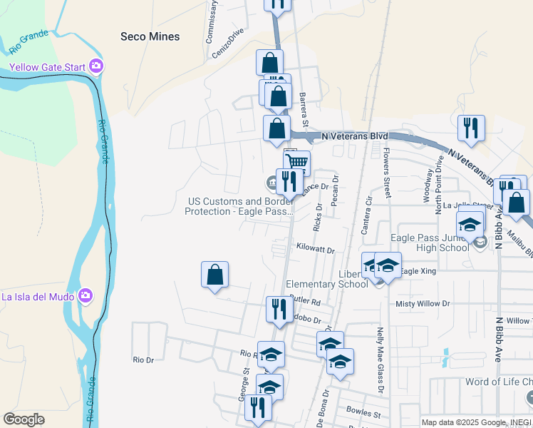 map of restaurants, bars, coffee shops, grocery stores, and more near 2211 Del Rio Boulevard in Eagle Pass