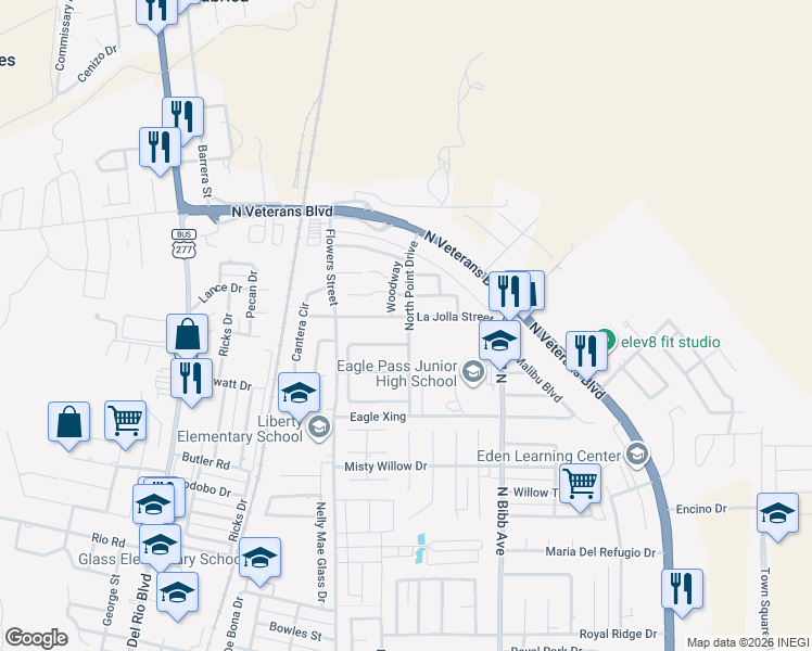 map of restaurants, bars, coffee shops, grocery stores, and more near 1784 North Point Drive in Eagle Pass