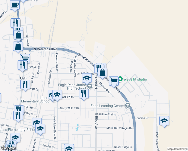 map of restaurants, bars, coffee shops, grocery stores, and more near 2196 La Jolla Street in Eagle Pass