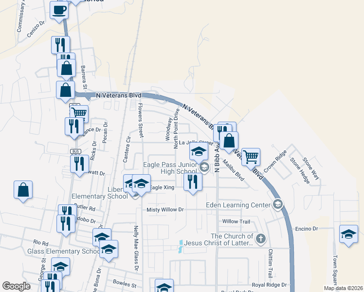 map of restaurants, bars, coffee shops, grocery stores, and more near 1784 North Point Drive in Eagle Pass