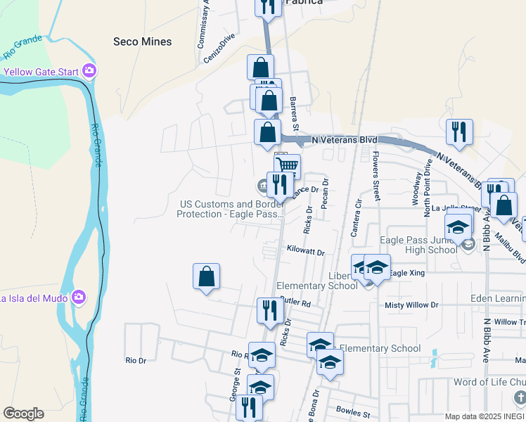 map of restaurants, bars, coffee shops, grocery stores, and more near 2211 Del Rio Boulevard in Eagle Pass