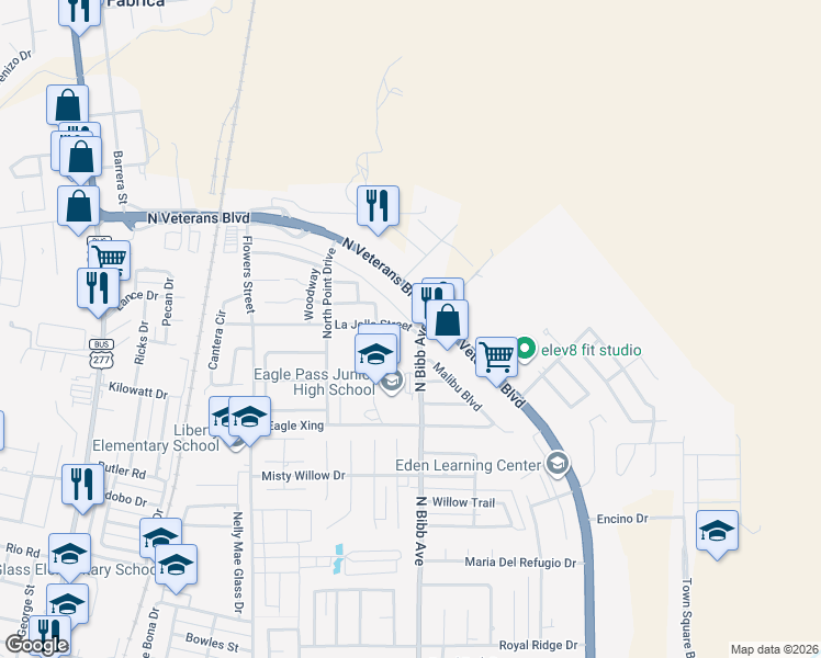 map of restaurants, bars, coffee shops, grocery stores, and more near 2196 La Jolla Street in Eagle Pass