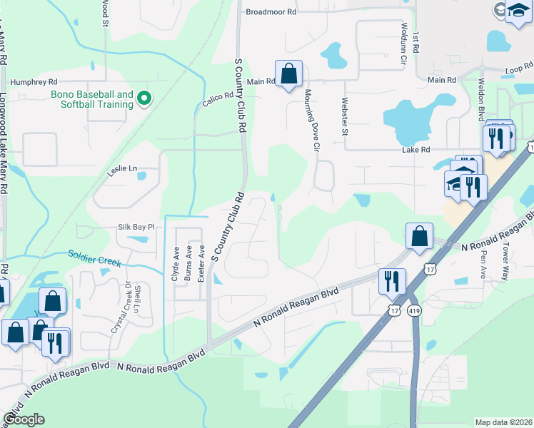 map of restaurants, bars, coffee shops, grocery stores, and more near 185 Tim-Tam Court in Lake Mary