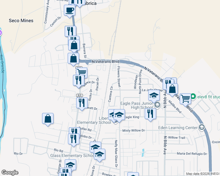 map of restaurants, bars, coffee shops, grocery stores, and more near 2276 Cantera Circle in Eagle Pass