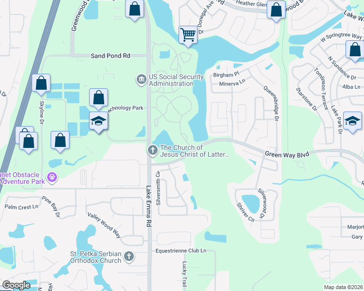 map of restaurants, bars, coffee shops, grocery stores, and more near 2501 Grassy Point Drive in Lake Mary