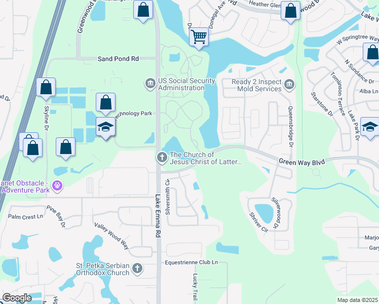 map of restaurants, bars, coffee shops, grocery stores, and more near 2501 Grassy Point Drive in Lake Mary
