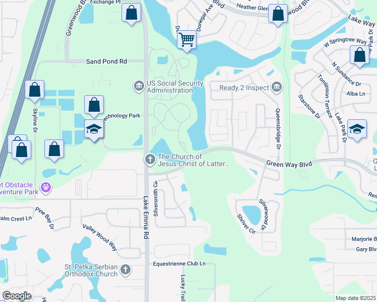 map of restaurants, bars, coffee shops, grocery stores, and more near 2501 Grassy Point Drive in Lake Mary