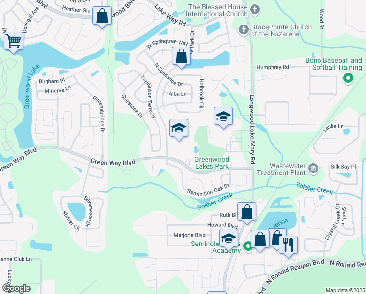 map of restaurants, bars, coffee shops, grocery stores, and more near 601 Lake Park Drive in Lake Mary
