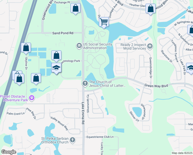 map of restaurants, bars, coffee shops, grocery stores, and more near 2520 Grassy Point Drive in Lake Mary