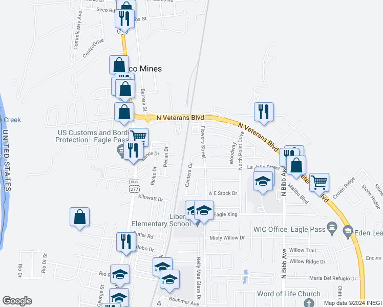 map of restaurants, bars, coffee shops, grocery stores, and more near 2276 Cantera Cir in Eagle Pass