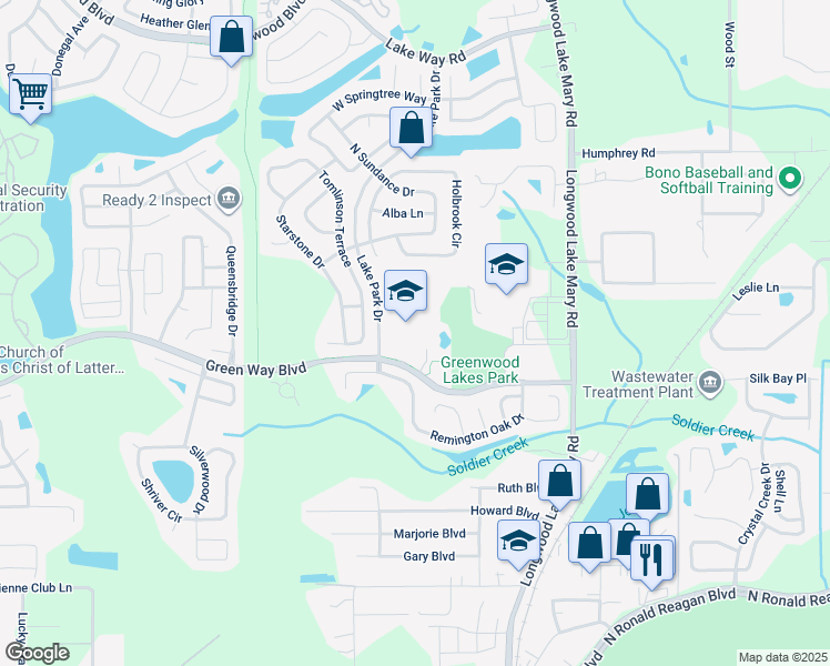 map of restaurants, bars, coffee shops, grocery stores, and more near 601 Lake Park Drive in Lake Mary