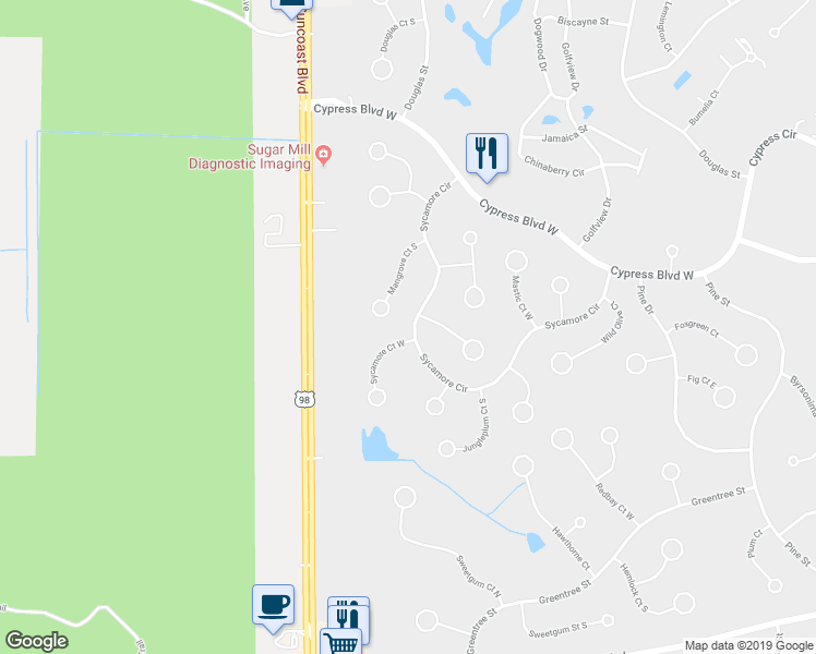 map of restaurants, bars, coffee shops, grocery stores, and more near 69 Sycamore Circle in Homosassa