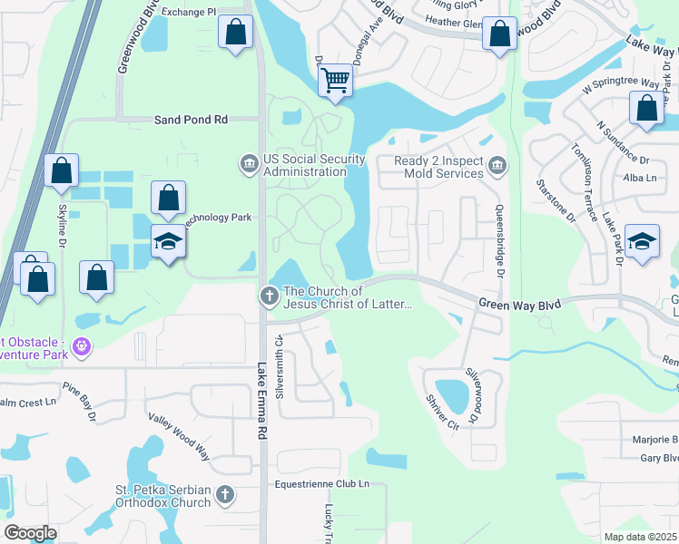 map of restaurants, bars, coffee shops, grocery stores, and more near 2513 Grassy Point Drive in Lake Mary