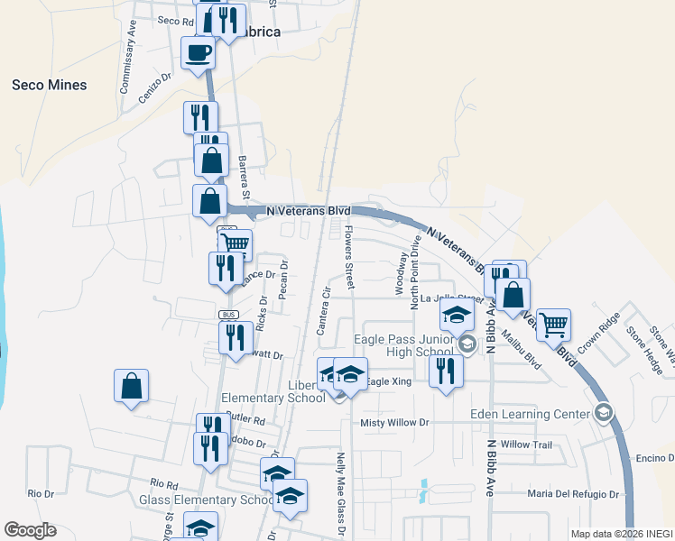 map of restaurants, bars, coffee shops, grocery stores, and more near 2276 Cantera Circle in Eagle Pass