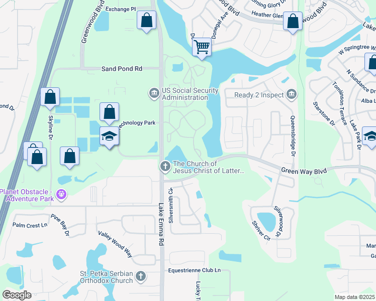 map of restaurants, bars, coffee shops, grocery stores, and more near 2520 Grassy Point Drive in Lake Mary