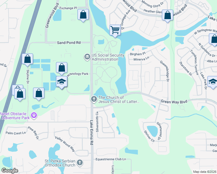 map of restaurants, bars, coffee shops, grocery stores, and more near 2532 Grassy Point Drive in Lake Mary