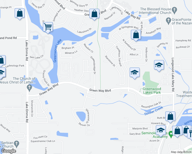 map of restaurants, bars, coffee shops, grocery stores, and more near 603 Queensbridge Drive in Lake Mary