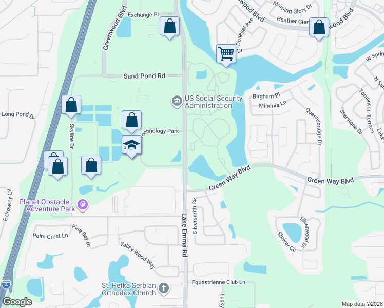 map of restaurants, bars, coffee shops, grocery stores, and more near 2605 Grassy Point Drive in Lake Mary