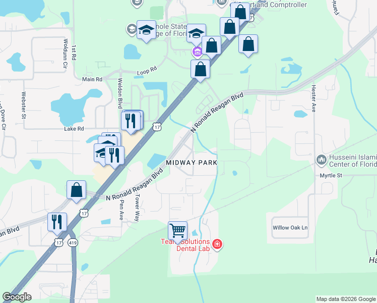 map of restaurants, bars, coffee shops, grocery stores, and more near 5110 Richland Road in Sanford