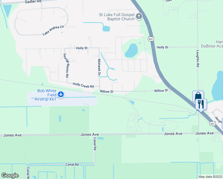 map of restaurants, bars, coffee shops, grocery stores, and more near 6781 Willow Street in Mount Dora