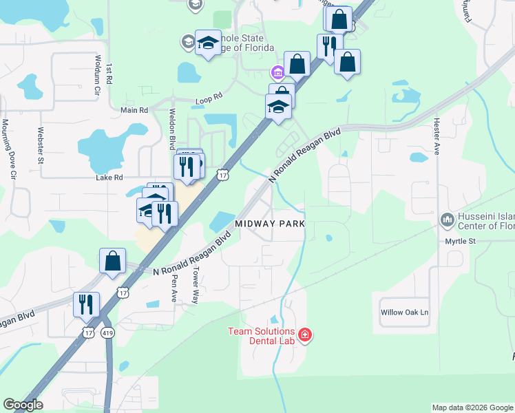 map of restaurants, bars, coffee shops, grocery stores, and more near 2896 Avalona Drive in Sanford