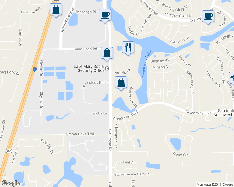 map of restaurants, bars, coffee shops, grocery stores, and more near 2608 Grassy Point Drive in Lake Mary