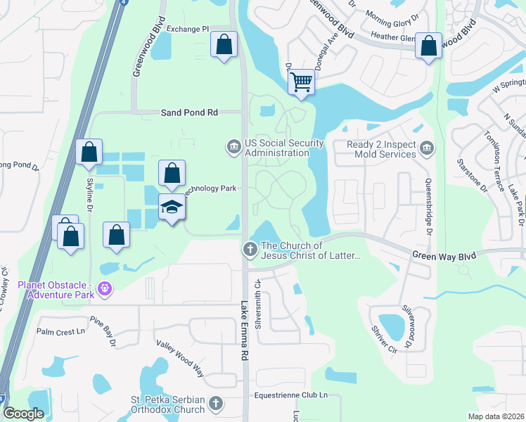 map of restaurants, bars, coffee shops, grocery stores, and more near 2608 Grassy Point Drive in Lake Mary
