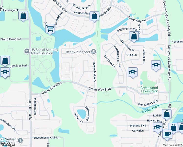 map of restaurants, bars, coffee shops, grocery stores, and more near 603 Weybridge Court in Lake Mary