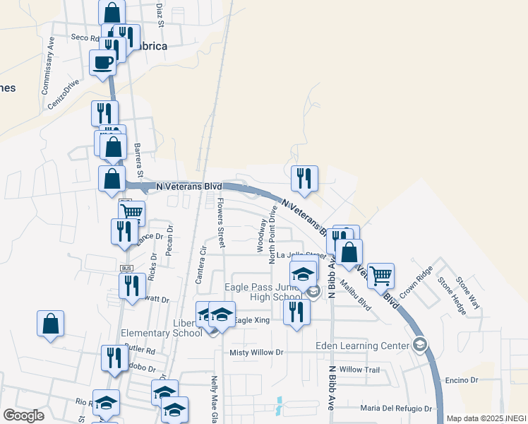 map of restaurants, bars, coffee shops, grocery stores, and more near 2091 Point Loma Drive in Eagle Pass