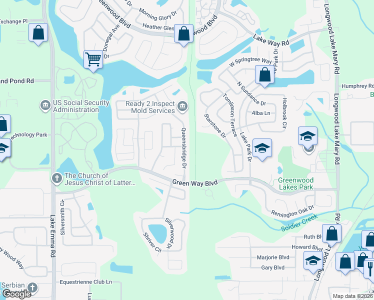 map of restaurants, bars, coffee shops, grocery stores, and more near 587 Queensbridge Drive in Lake Mary